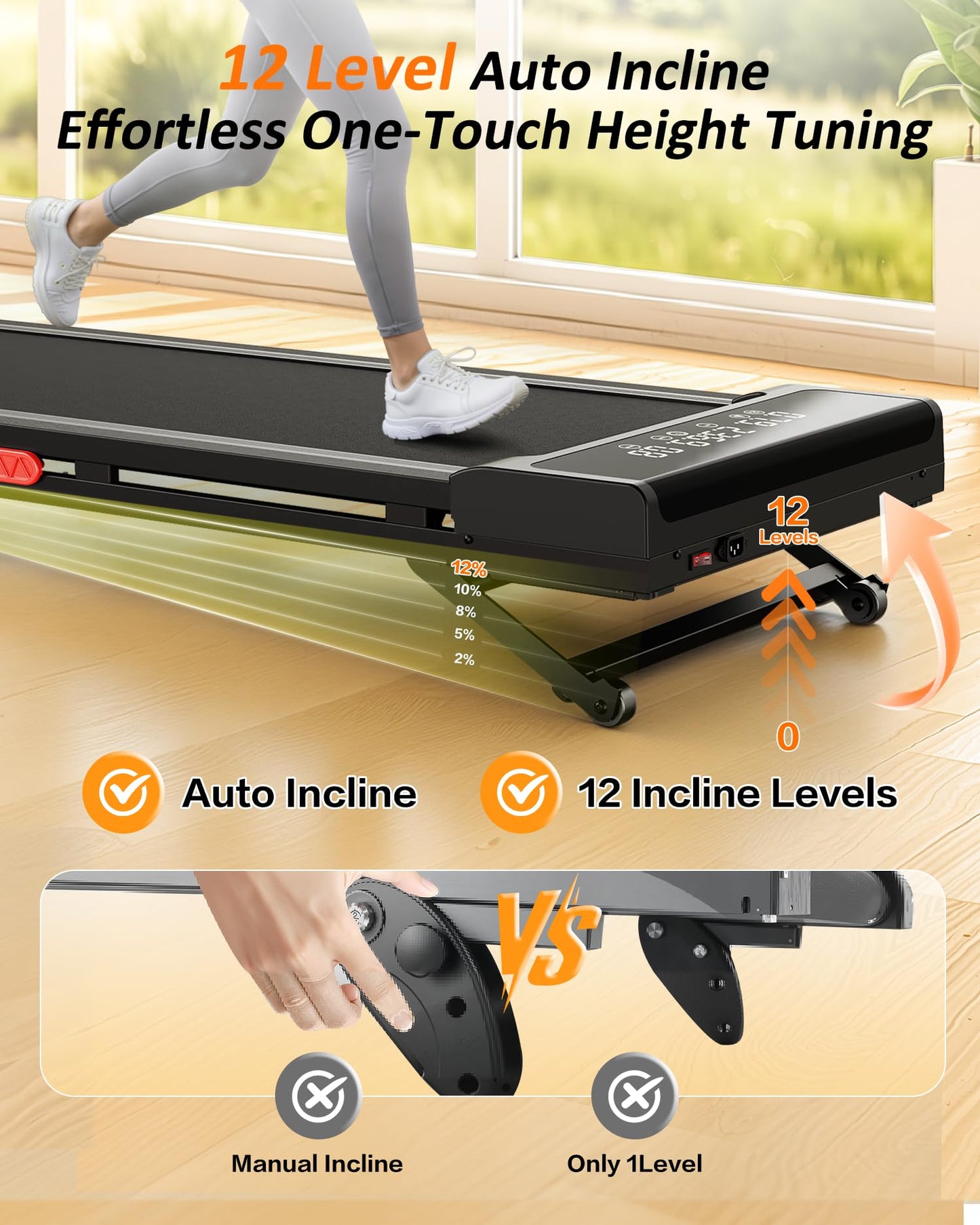 Treadmill with Auto Incline,12-Level Incline Walking Pad Treadmill with Handle Bar,3.0HP Quiet Under Desk 350 lbs Weight Capacity 2 in 1 Foldable Treadmills Walking LED Display for Home Office Gym