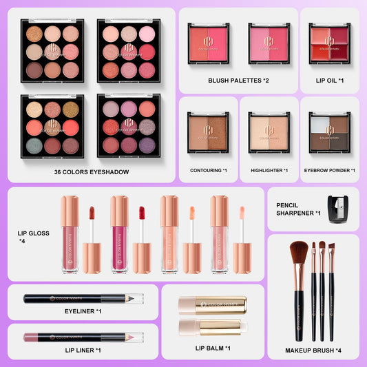 All in one Makeup Kit For Girls Teens, Makeup Set 4 Trays Spacious Space Train Case for Beginner with Eyeshadow Highlighter Lipgloss Blush Contour Concealer Brush Eyeliner Lipbalm