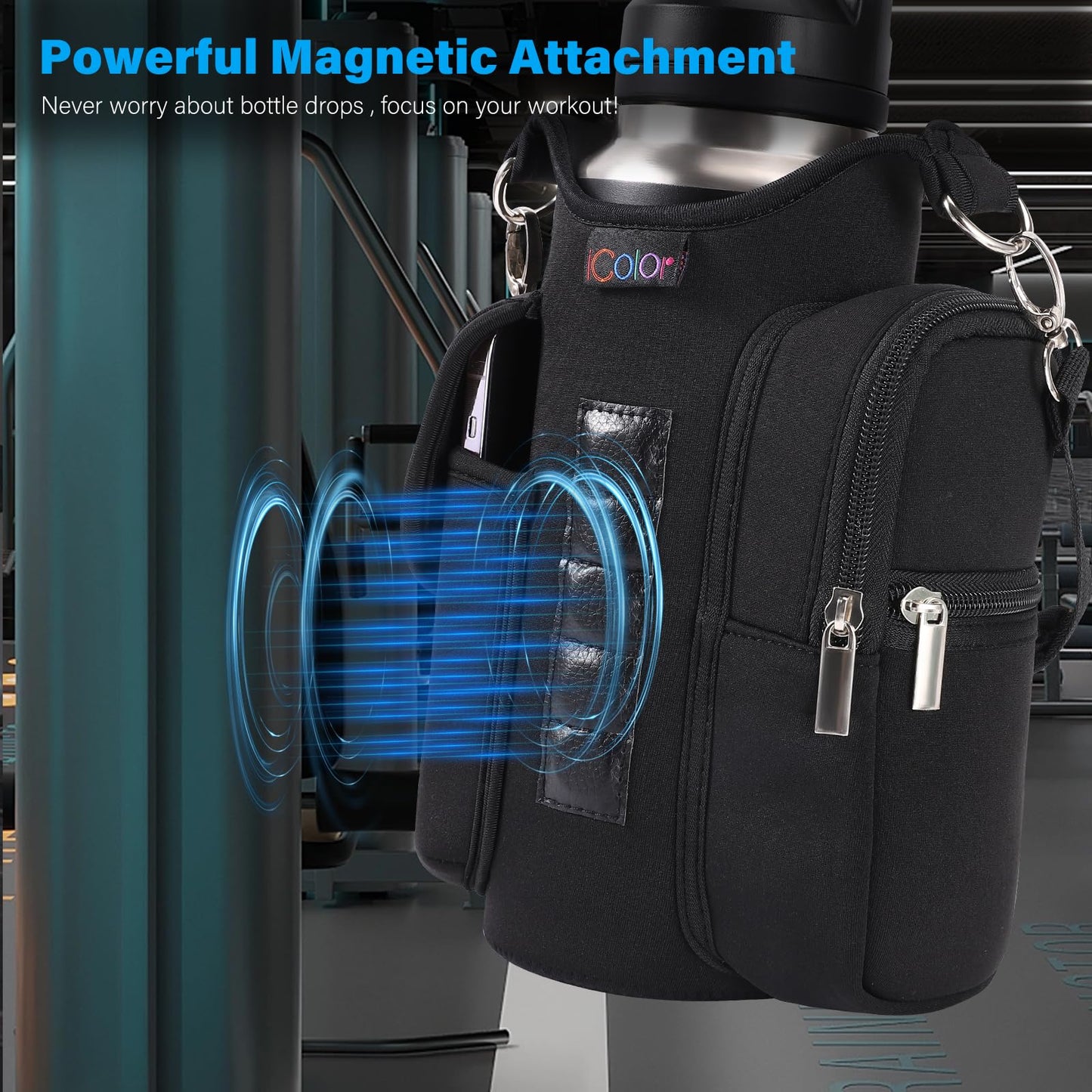 Magnetic Gym Bag Water Bottle Holder with Phone Pockets & Shoulder Strap,5 Built-in Magnets Gym Bottle Pouch Carrier Sleeve,Sling Magnetic Bag Gym Accessories Organizer for Men Women
