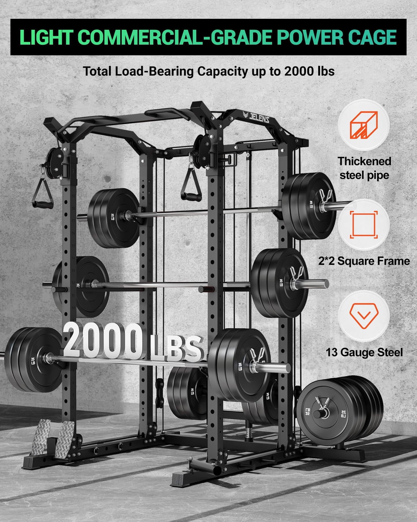 C11 Power Rack, 2000 lbs Multi-Function Power Cage with Cable Crossover System and More Training Attachment, All-in-One Squat Rack with LAT Pull Down System for Home Gym