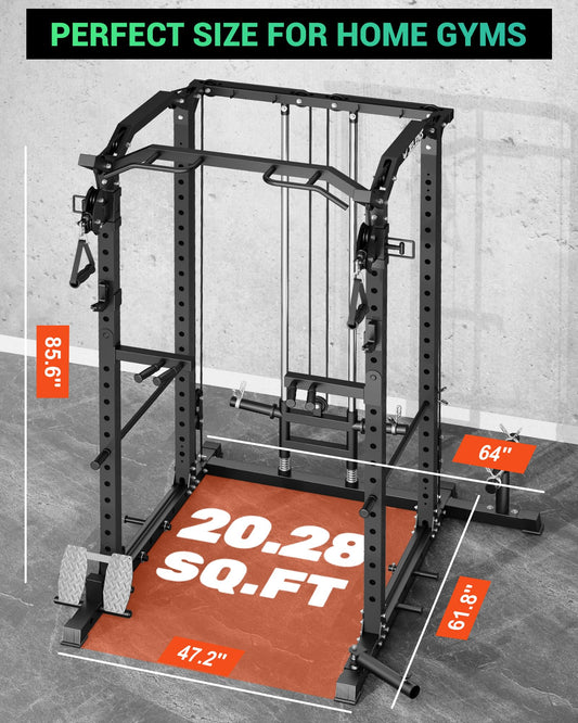 C11 Power Rack, 2000 lbs Multi-Function Power Cage with Cable Crossover System and More Training Attachment, All-in-One Squat Rack with LAT Pull Down System for Home Gym