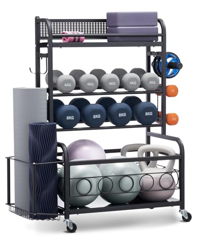 Yoga Mat Storage Rack, Home Gym Workout Equipment Organizer, Powder Coated Finish Steel Yoga Mat Holder with Hooks & Wheels, Weight Rack for Dumbbell, Kettlebell, Foam Roller, and Yoga Strap