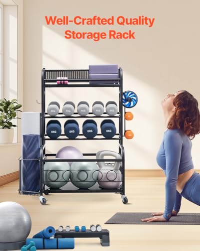 Yoga Mat Storage Rack, Home Gym Workout Equipment Organizer, Powder Coated Finish Steel Yoga Mat Holder with Hooks & Wheels, Weight Rack for Dumbbell, Kettlebell, Foam Roller, and Yoga Strap