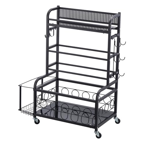 Yoga Mat Storage Rack, Home Gym Workout Equipment Organizer, Powder Coated Finish Steel Yoga Mat Holder with Hooks & Wheels, Weight Rack for Dumbbell, Kettlebell, Foam Roller, and Yoga Strap