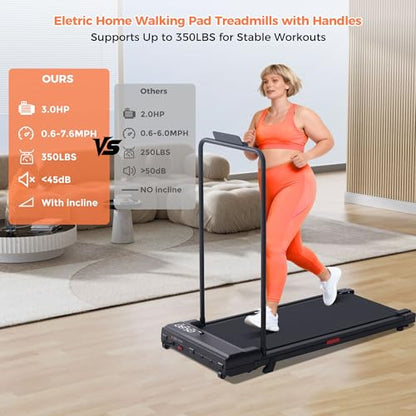 Walking Pad Treadmill with Handle Bar, 2026 Upgrade Portable Under Desk Treadmill for Home Small with Handles, 3.0HP Walking Pad for Home, 0.6-7.6MPH, 350LBS