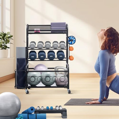Yoga Mat Storage Rack, Home Gym Workout Equipment Organizer, Powder Coated Finish Steel Yoga Mat Holder with Hooks & Wheels, Weight Rack for Dumbbell, Kettlebell, Foam Roller, and Yoga Strap