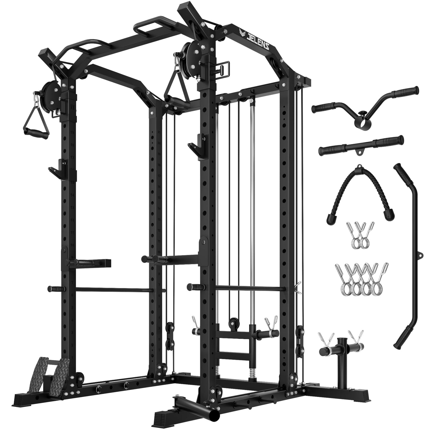 C11 Power Rack, 2000 lbs Multi-Function Power Cage with Cable Crossover System and More Training Attachment, All-in-One Squat Rack with LAT Pull Down System for Home Gym