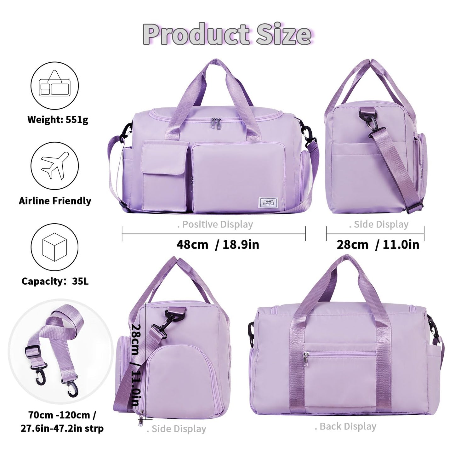 Women's Gym Duffle Bag with Shoes Compartment, 37L Capacity, Ideal for Travel, Gym, Sports, Duffel, Weekender, Lavender