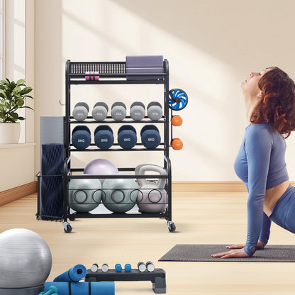 Yoga Mat Storage Rack, Home Gym Workout Equipment Organizer, Powder Coated Finish Steel Yoga Mat Holder with Hooks & Wheels, Weight Rack for Dumbbell, Kettlebell, Foam Roller, and Yoga Strap