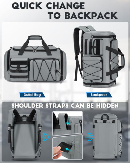 Gym Bag for Men 45L Sports Duffel Bags 3-in-1 Travel Duffel Bag with Shoe Compartment, Gym Workout Backpack Carry On Weekender Bag Overnight Bag for Travel, Grey