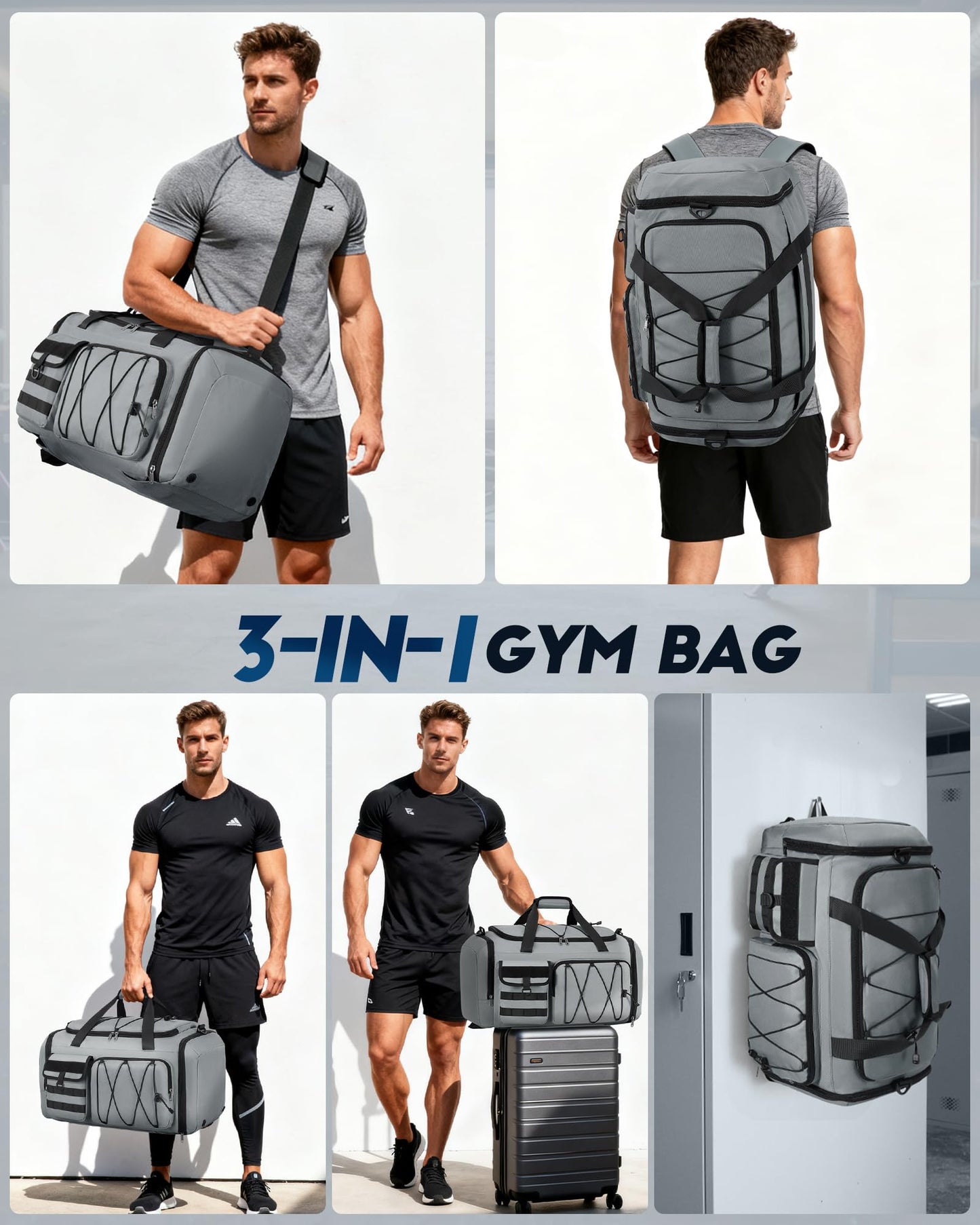 Gym Bag for Men 45L Sports Duffel Bags 3-in-1 Travel Duffel Bag with Shoe Compartment, Gym Workout Backpack Carry On Weekender Bag Overnight Bag for Travel, Grey