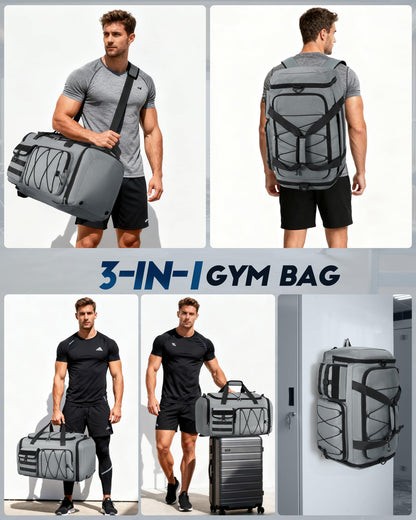 Gym Bag for Men 45L Sports Duffel Bags 3-in-1 Travel Duffel Bag with Shoe Compartment, Gym Workout Backpack Carry On Weekender Bag Overnight Bag for Travel, Grey