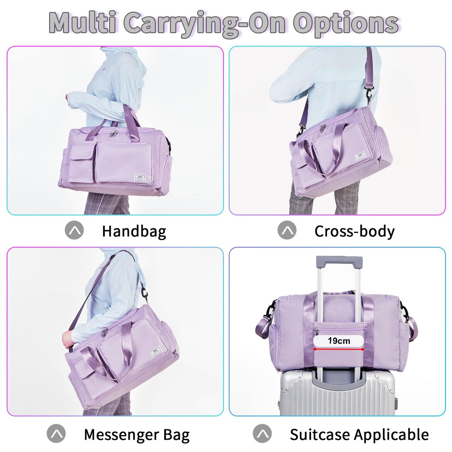 Women's Gym Duffle Bag with Shoes Compartment, 37L Capacity, Ideal for Travel, Gym, Sports, Duffel, Weekender, Lavender