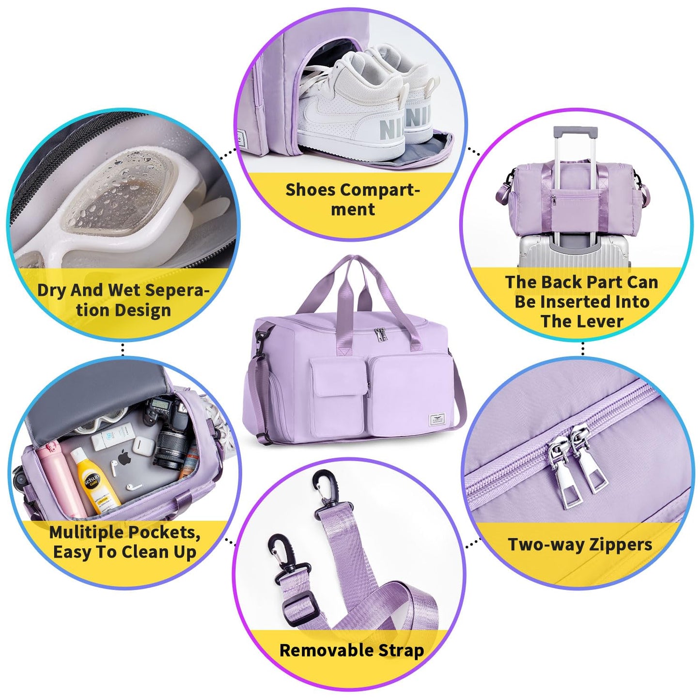 Women's Gym Duffle Bag with Shoes Compartment, 37L Capacity, Ideal for Travel, Gym, Sports, Duffel, Weekender, Lavender