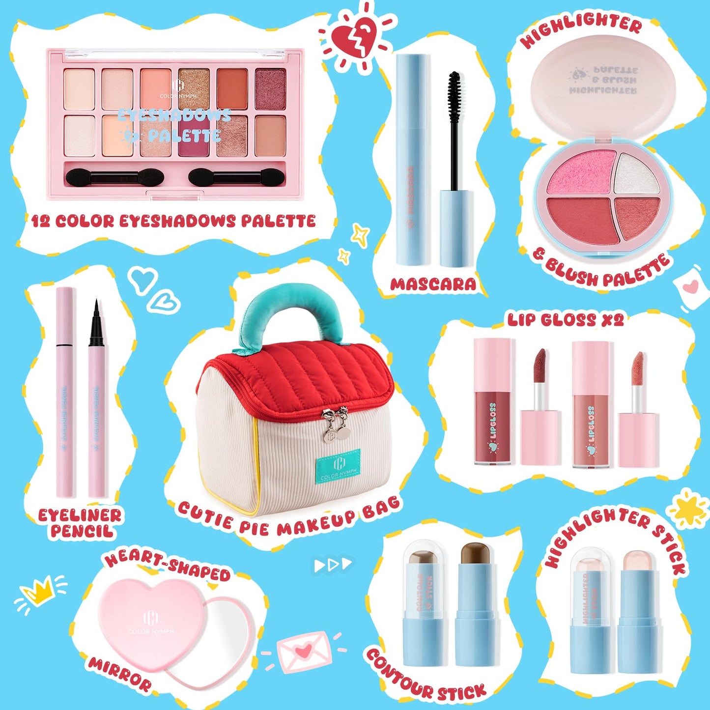 All In One Girls Makeup Kits for Teen Girls & Women Full Kit with Cutie Pie Handbag, Make up Set for Girl with Eyeshadow Blushes Contour Highlighter Lipgloss Mascara Eyeliner and Mirror