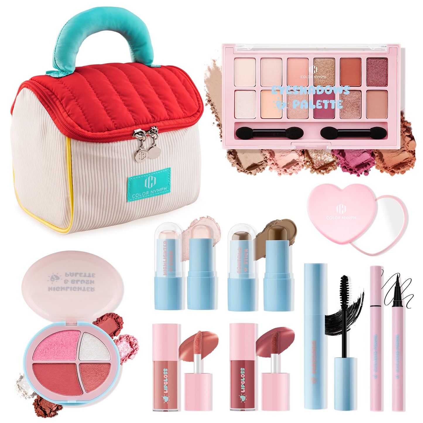 All In One Girls Makeup Kits for Teen Girls & Women Full Kit with Cutie Pie Handbag, Make up Set for Girl with Eyeshadow Blushes Contour Highlighter Lipgloss Mascara Eyeliner and Mirror