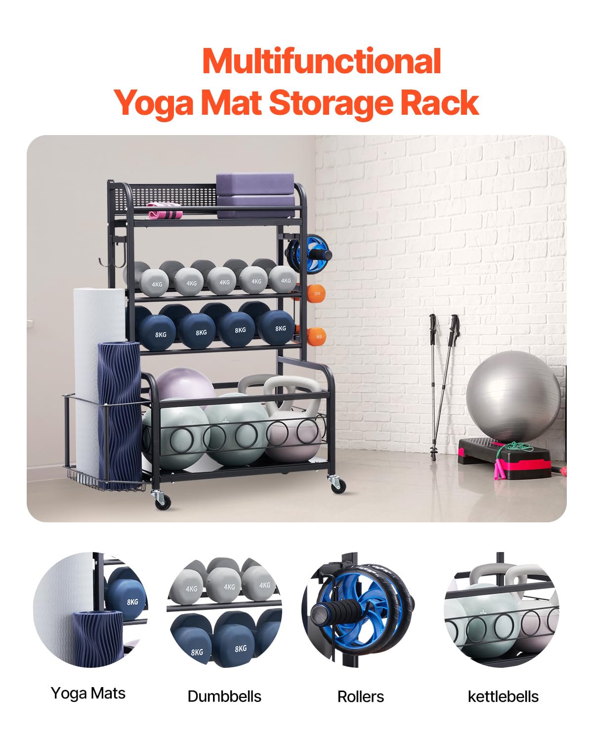 Yoga Mat Storage Rack, Home Gym Workout Equipment Organizer, Powder Coated Finish Steel Yoga Mat Holder with Hooks & Wheels, Weight Rack for Dumbbell, Kettlebell, Foam Roller, and Yoga Strap