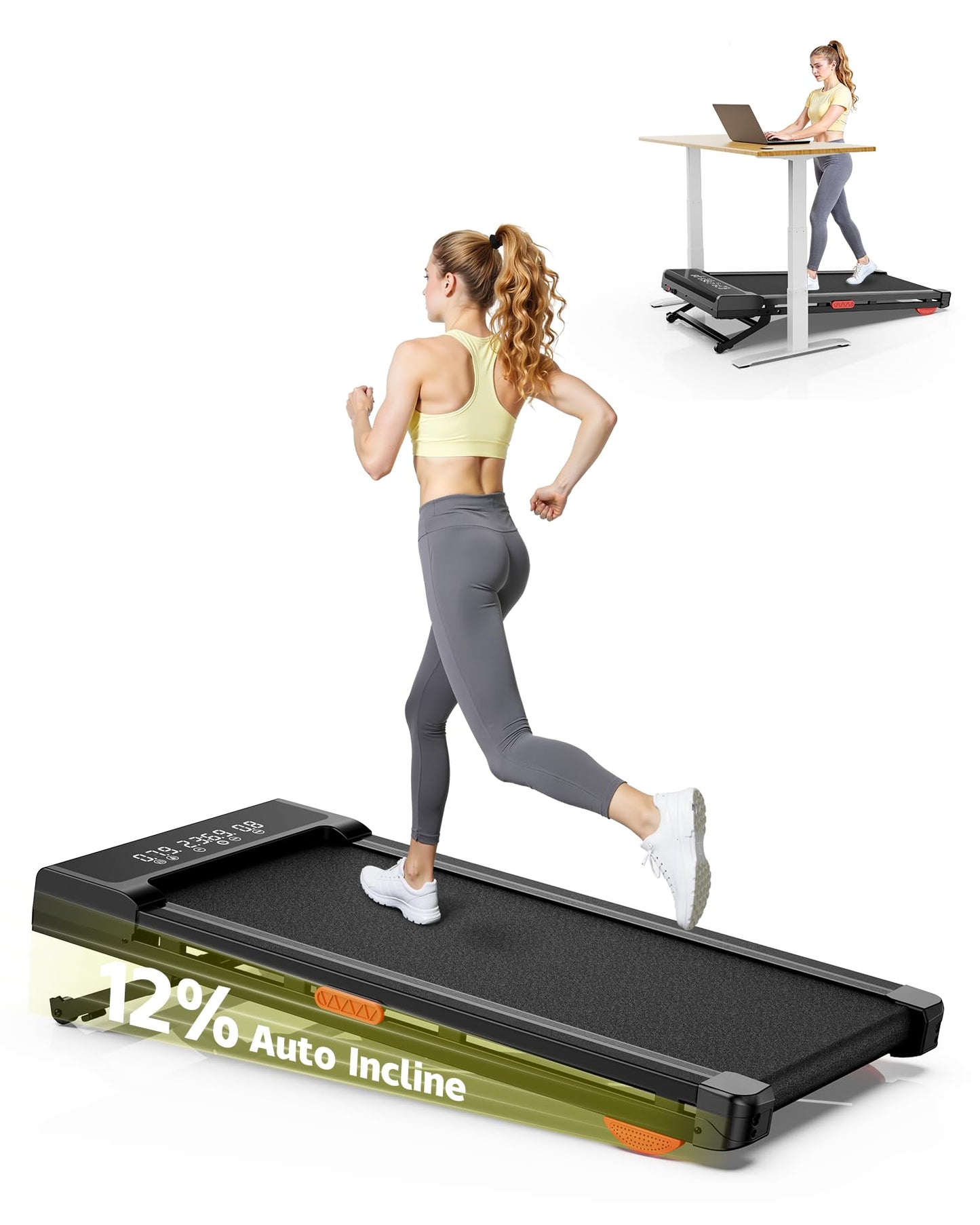 Treadmill with Auto Incline,12-Level Incline Walking Pad Treadmill with Handle Bar,3.0HP Quiet Under Desk 350 lbs Weight Capacity 2 in 1 Foldable Treadmills Walking LED Display for Home Office Gym