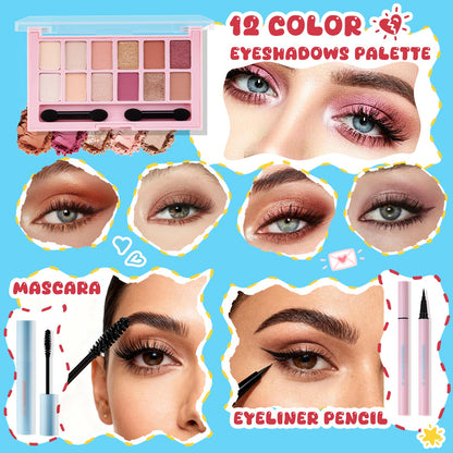 All In One Girls Makeup Kits for Teen Girls & Women Full Kit with Cutie Pie Handbag, Make up Set for Girl with Eyeshadow Blushes Contour Highlighter Lipgloss Mascara Eyeliner and Mirror