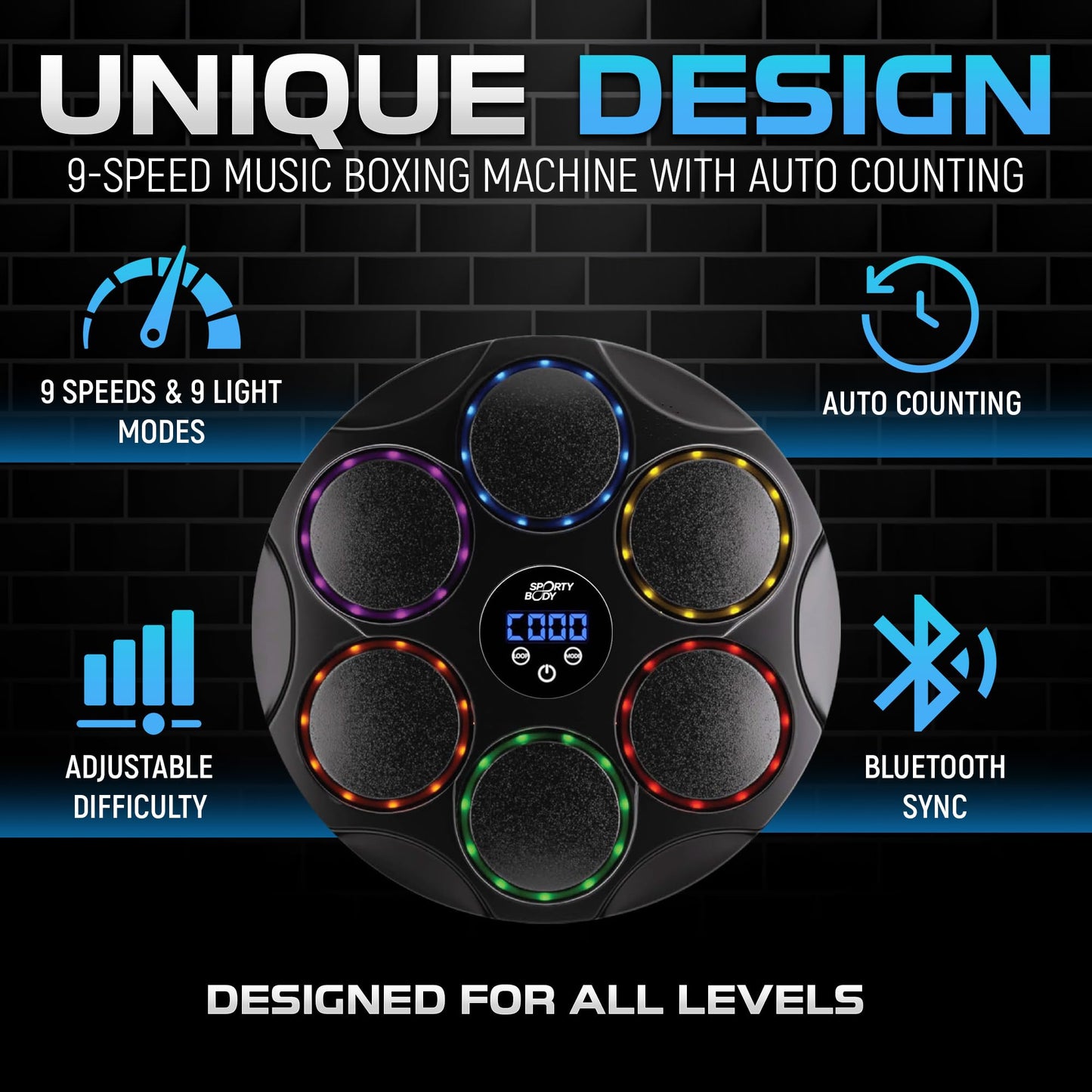 Music Boxing Beatbox Trainer , 9 Speeds & 9 Light Modes, Bluetooth Sync, Auto Counting, and Durable ABS Body for Home Workouts, Supports 440lbs Punch Force, Wall Mounted Boxing Machine