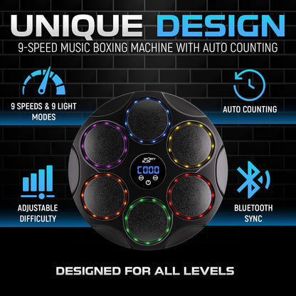 Music Boxing Beatbox Trainer , 9 Speeds & 9 Light Modes, Bluetooth Sync, Auto Counting, and Durable ABS Body for Home Workouts, Supports 440lbs Punch Force, Wall Mounted Boxing Machine