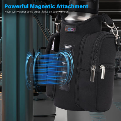 Magnetic Gym Bag Water Bottle Holder with Phone Pockets & Shoulder Strap,5 Built-in Magnets Gym Bottle Pouch Carrier Sleeve,Sling Magnetic Bag Gym Accessories Organizer for Men Women