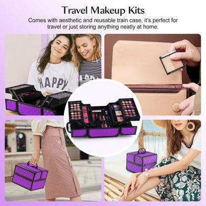 All in one Makeup Kit For Girls Teens, Makeup Set 4 Trays Spacious Space Train Case for Beginner with Eyeshadow Highlighter Lipgloss Blush Contour Concealer Brush Eyeliner Lipbalm