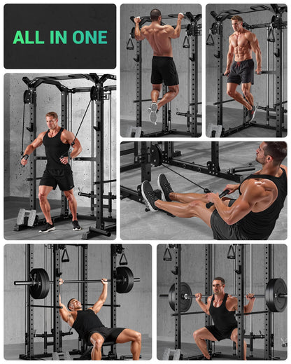 C11 Power Rack, 2000 lbs Multi-Function Power Cage with Cable Crossover System and More Training Attachment, All-in-One Squat Rack with LAT Pull Down System for Home Gym