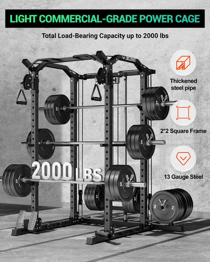 C11 Power Rack, 2000 lbs Multi-Function Power Cage with Cable Crossover System and More Training Attachment, All-in-One Squat Rack with LAT Pull Down System for Home Gym