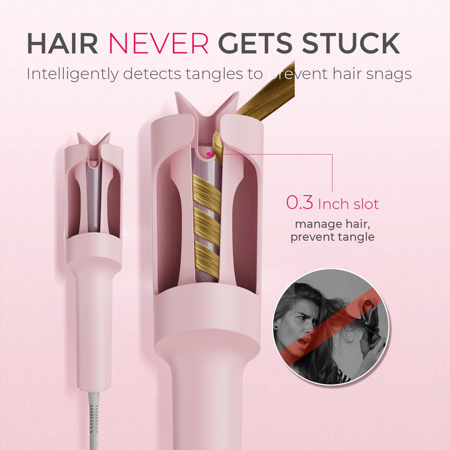 Automatic Rotating Curling Iron -  CURLPRO Beach Waves Curling Wand, Portable Hair Curler, 500 Million Ionic, Dual Voltage & Lightweight for Travel, Ceramic Coating, 1 Inch, Pink
