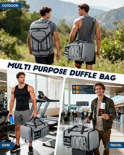 Gym Bag for Men 45L Sports Duffel Bags 3-in-1 Travel Duffel Bag with Shoe Compartment, Gym Workout Backpack Carry On Weekender Bag Overnight Bag for Travel, Grey