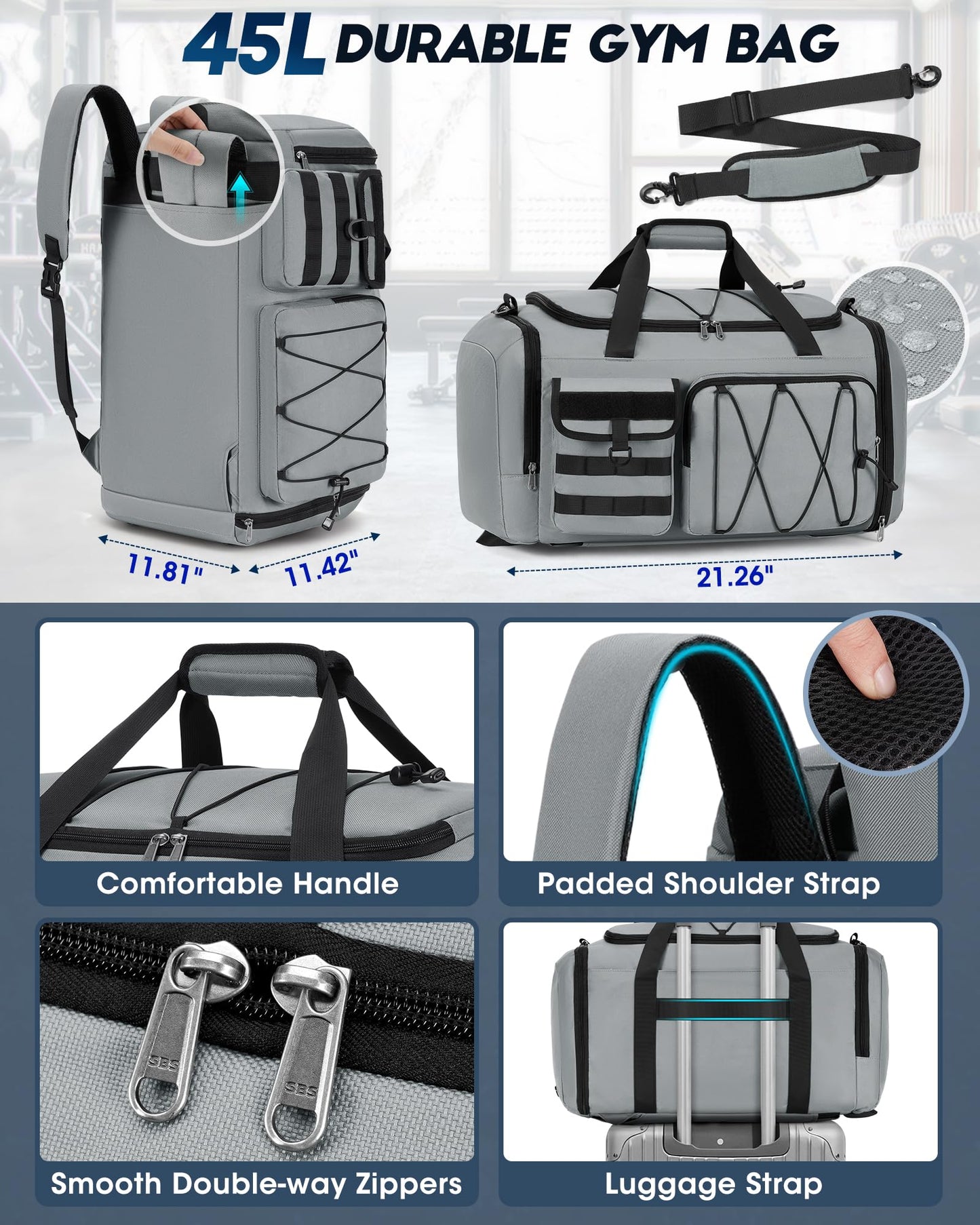 Gym Bag for Men 45L Sports Duffel Bags 3-in-1 Travel Duffel Bag with Shoe Compartment, Gym Workout Backpack Carry On Weekender Bag Overnight Bag for Travel, Grey