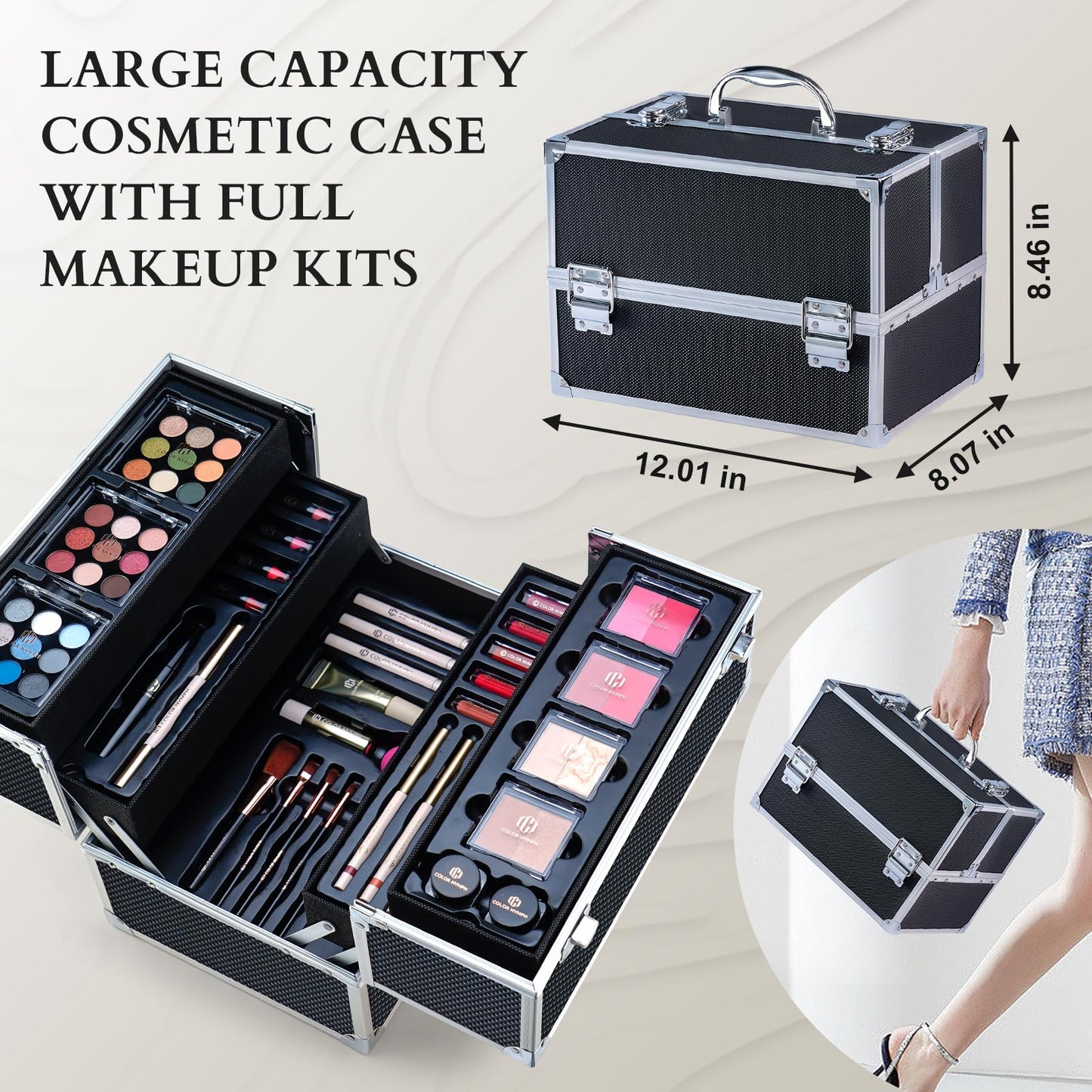 Makeup Sets for Teens Girls Women, Professional Makeup Kits All In One Makeup Set Storage Train Case, Beginner Full Cosmetics Kit with Eyeshadow Blush Lipstick Lipgloss Mascara etc Black