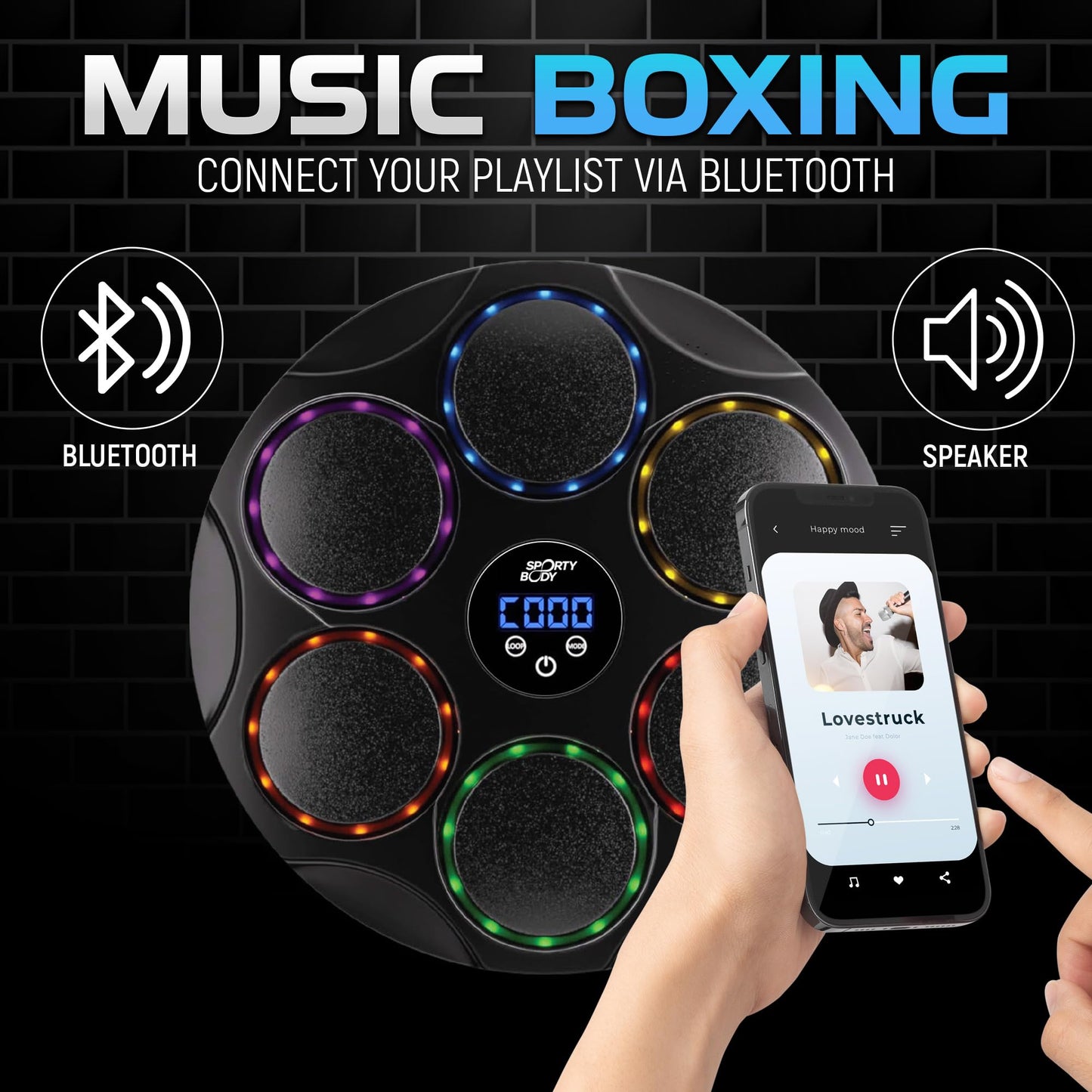 Music Boxing Beatbox Trainer , 9 Speeds & 9 Light Modes, Bluetooth Sync, Auto Counting, and Durable ABS Body for Home Workouts, Supports 440lbs Punch Force, Wall Mounted Boxing Machine