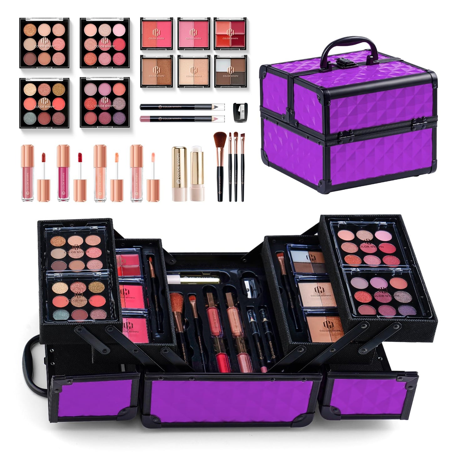 All in one Makeup Kit For Girls Teens, Makeup Set 4 Trays Spacious Space Train Case for Beginner with Eyeshadow Highlighter Lipgloss Blush Contour Concealer Brush Eyeliner Lipbalm