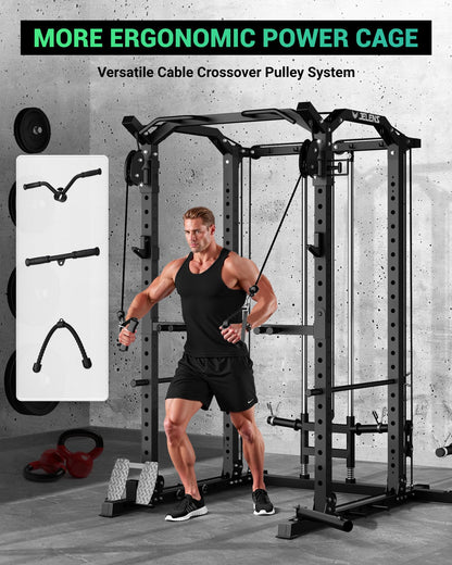 C11 Power Rack, 2000 lbs Multi-Function Power Cage with Cable Crossover System and More Training Attachment, All-in-One Squat Rack with LAT Pull Down System for Home Gym