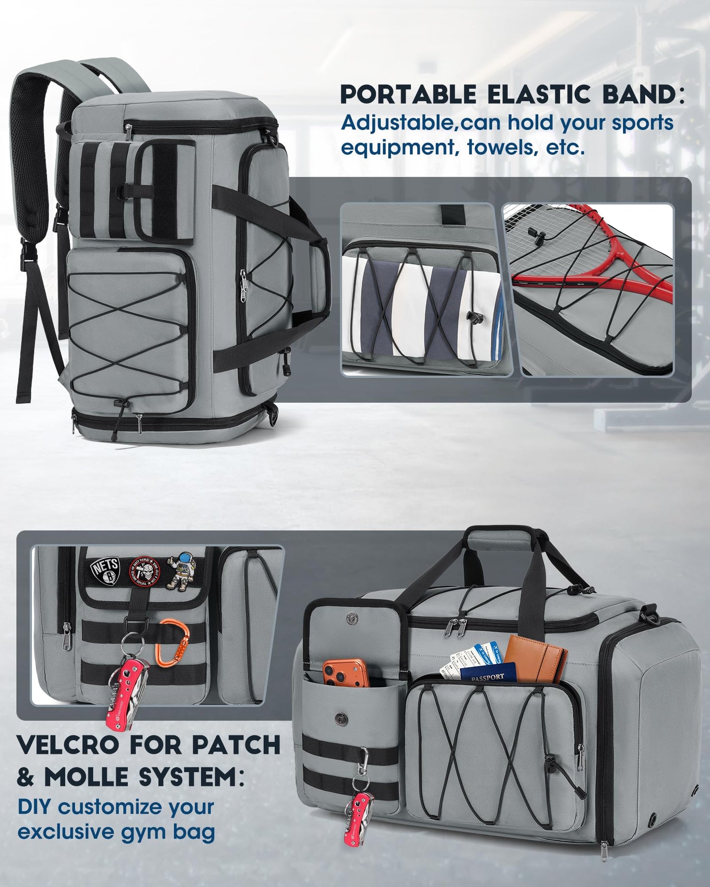 Gym Bag for Men 45L Sports Duffel Bags 3-in-1 Travel Duffel Bag with Shoe Compartment, Gym Workout Backpack Carry On Weekender Bag Overnight Bag for Travel, Grey