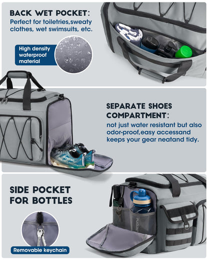 Gym Bag for Men 45L Sports Duffel Bags 3-in-1 Travel Duffel Bag with Shoe Compartment, Gym Workout Backpack Carry On Weekender Bag Overnight Bag for Travel, Grey