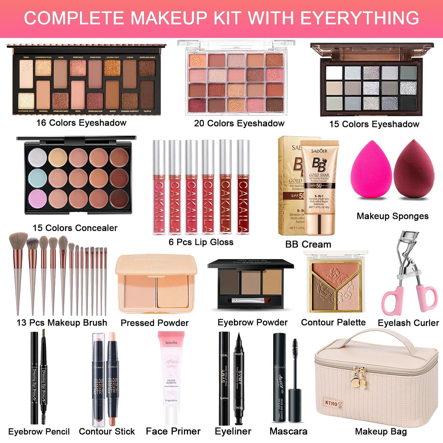 All in One Makeup Kit, Makeup Kit for Women Full Kit, Travel Makeup Gift Set for Women, Teens & Girls, Includes Eyeshadow Lipstick Eyeliner Eyebrow Pencil Brush Set, Beginners and Professionals Alike