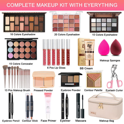 All in One Makeup Kit, Makeup Kit for Women Full Kit, Travel Makeup Gift Set for Women, Teens & Girls, Includes Eyeshadow Lipstick Eyeliner Eyebrow Pencil Brush Set, Beginners and Professionals Alike
