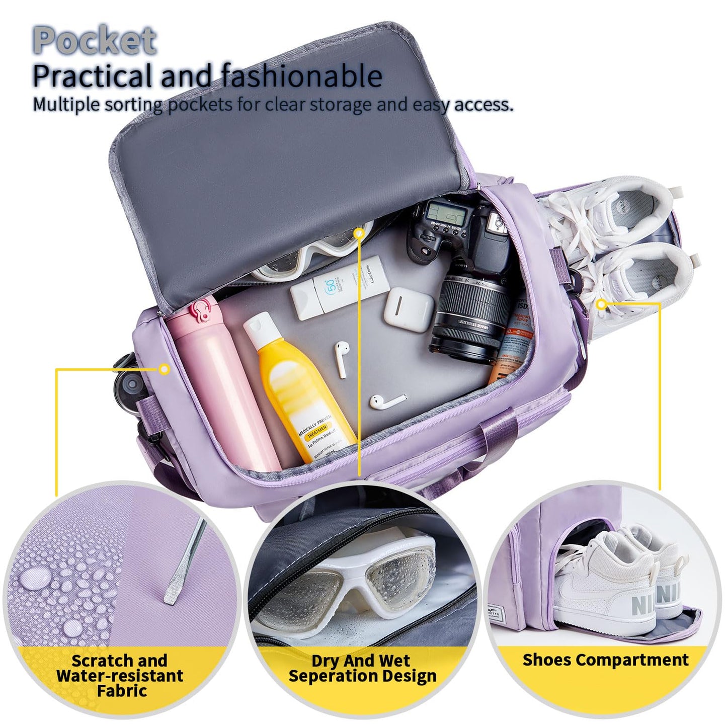 Women's Gym Duffle Bag with Shoes Compartment, 37L Capacity, Ideal for Travel, Gym, Sports, Duffel, Weekender, Lavender