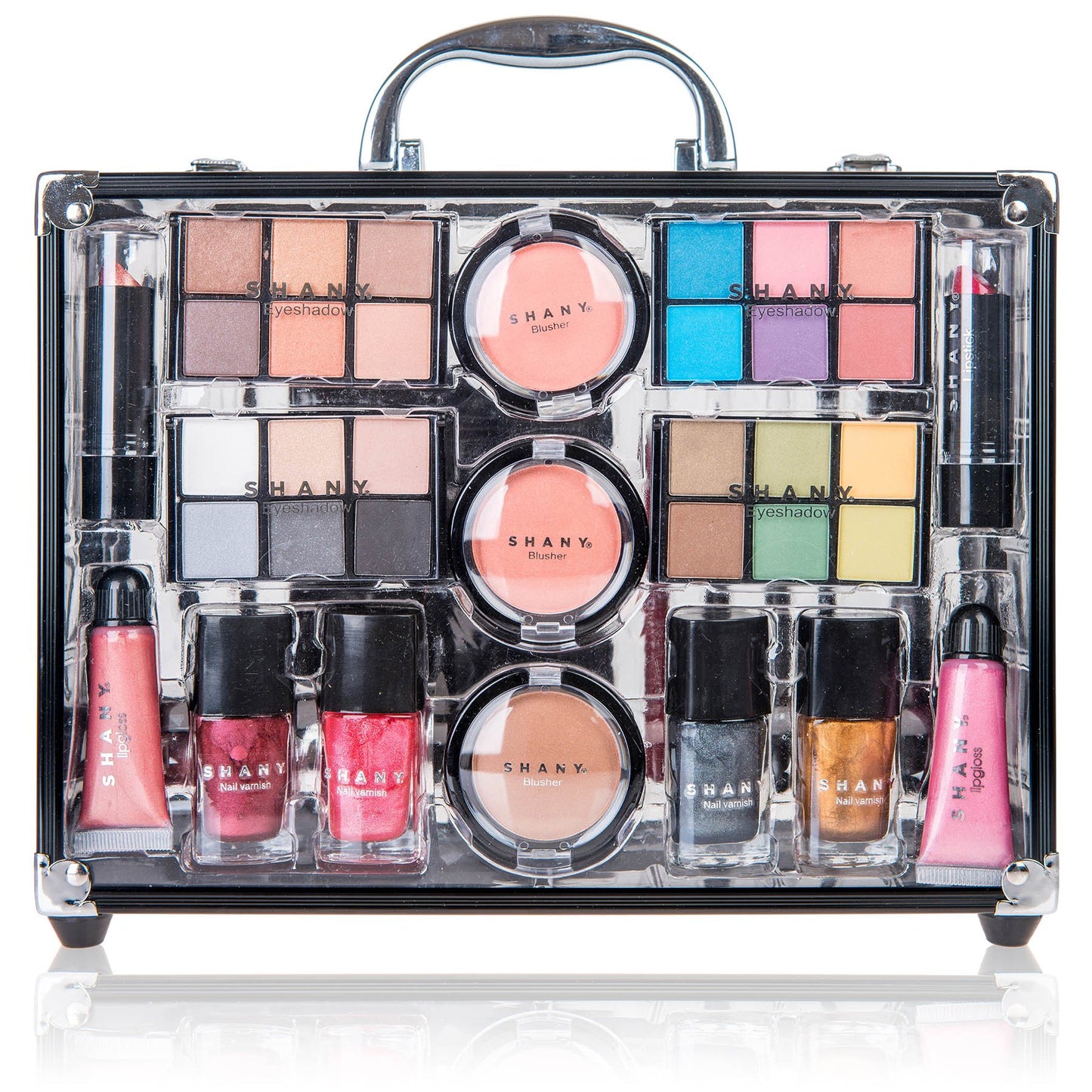Carry All Trunk Makeup Train Case with Re-usable Aluminum Beauty Storage Organizer Case. Make up Set with Eye palettes, Blushes,Face Powders, Manicure, Pedicure and Cosmetics Brushes. GIFT SET