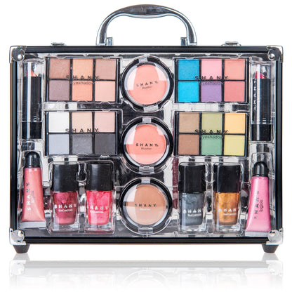 Carry All Trunk Makeup Train Case with Re-usable Aluminum Beauty Storage Organizer Case. Make up Set with Eye palettes, Blushes,Face Powders, Manicure, Pedicure and Cosmetics Brushes. GIFT SET